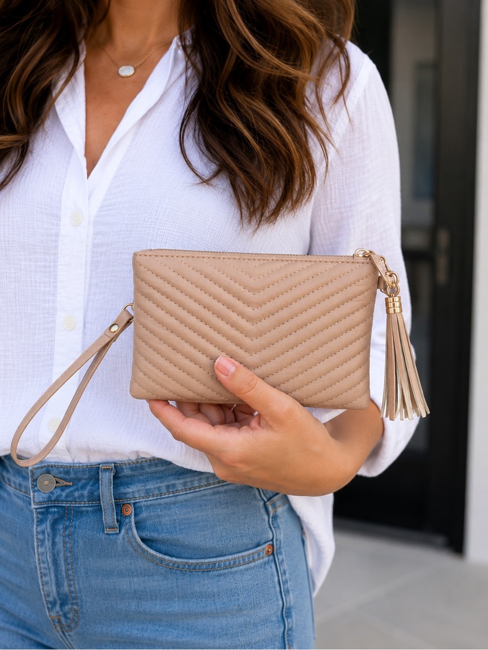 Cream/Nude Chevron Quilted Wristlet Clutch, Tassel Zip Pouch